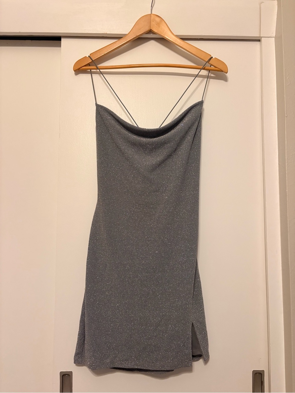 Shimmer Cowl Neck Mini Dress in Silver